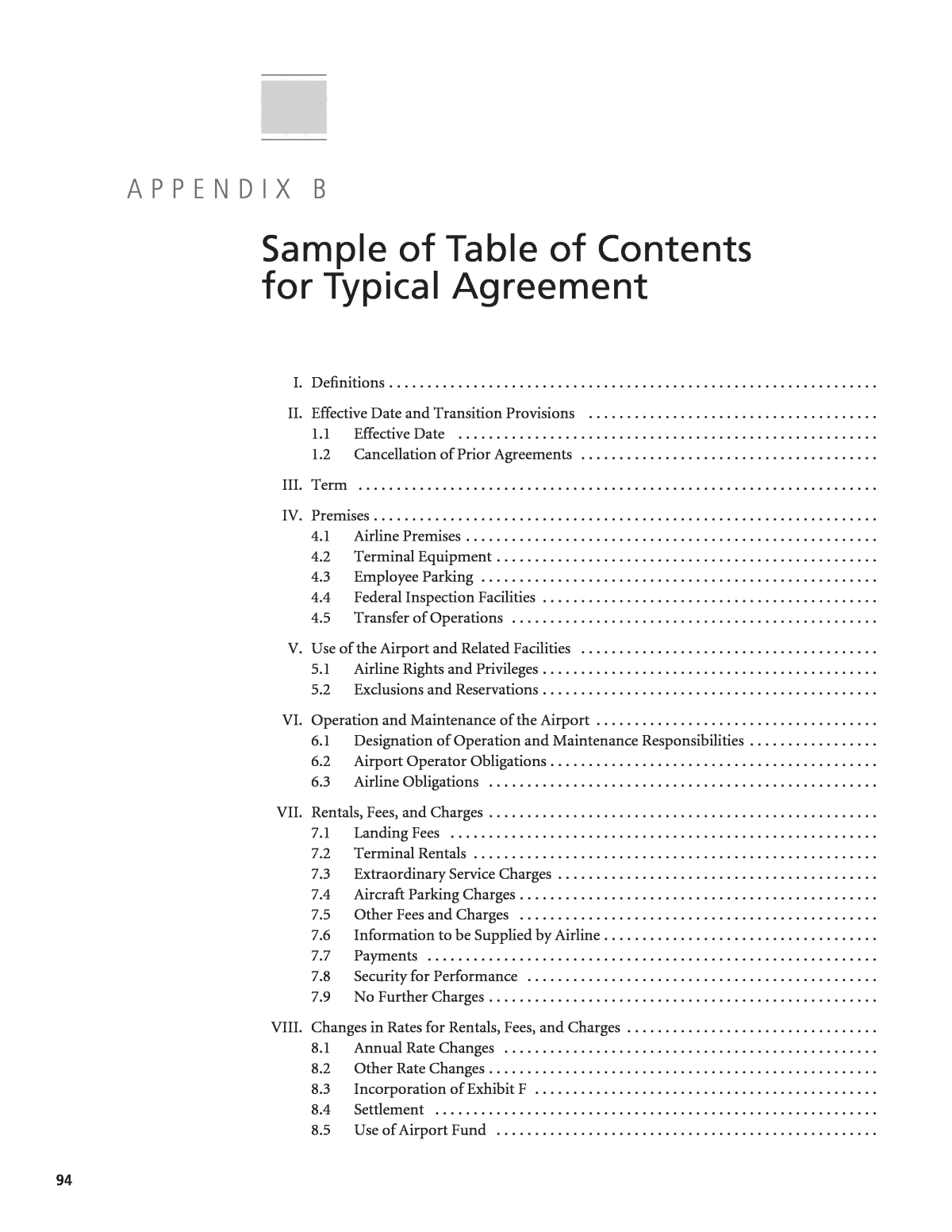 Appendix B - Sample of Table of Contents for Typical Agreement